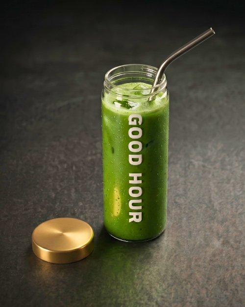 Green matcha in a glass jar with 'GOOD HOUR' text on a dark background